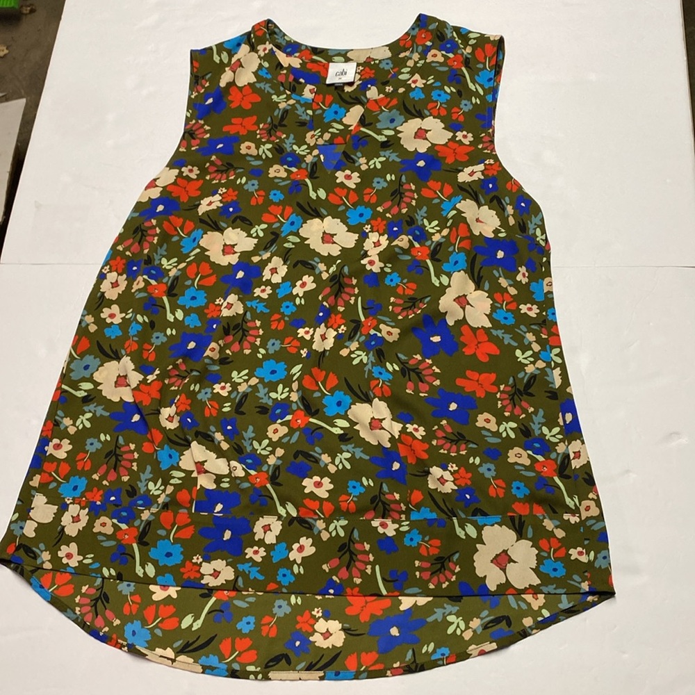 Cabi Wildflower Tank Top Green V-Neck Hi-
Low Tunic Sleeveless Blouse M